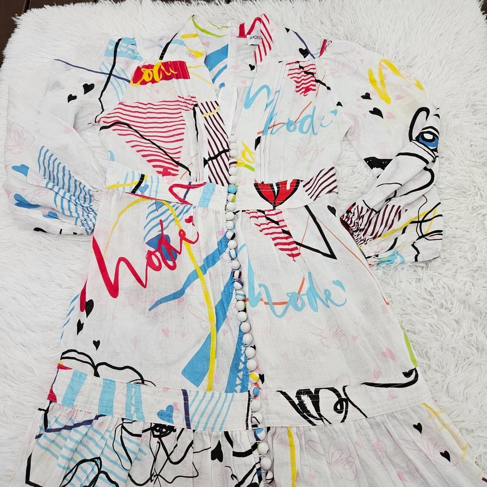 Mackenziemode Sz 8 Abstract Art to Wear Button Up Linen Blend Maxi Dress - Picture 3 of 12